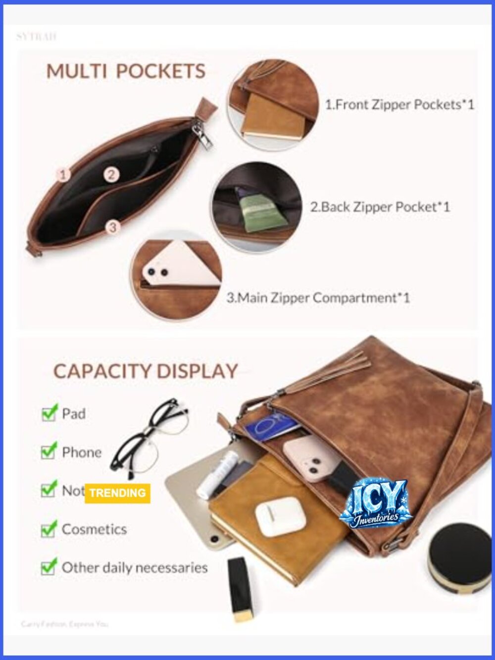 Vegan Leather Crossbody Bag with Tassel Adjustable Shoulder Purse - Picture 4 of 7